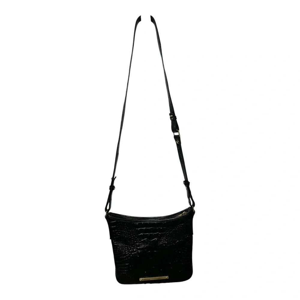 Brahmin Black Croc Embossed Leather Crossbody Bag Adjustable Strap Classic - Picture 3 of 5
